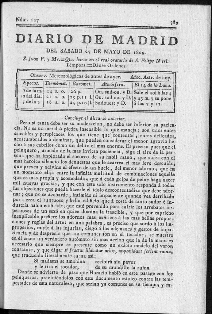 Miniatura de Diario de Madrid del sábado 27 de Mayo de 1809