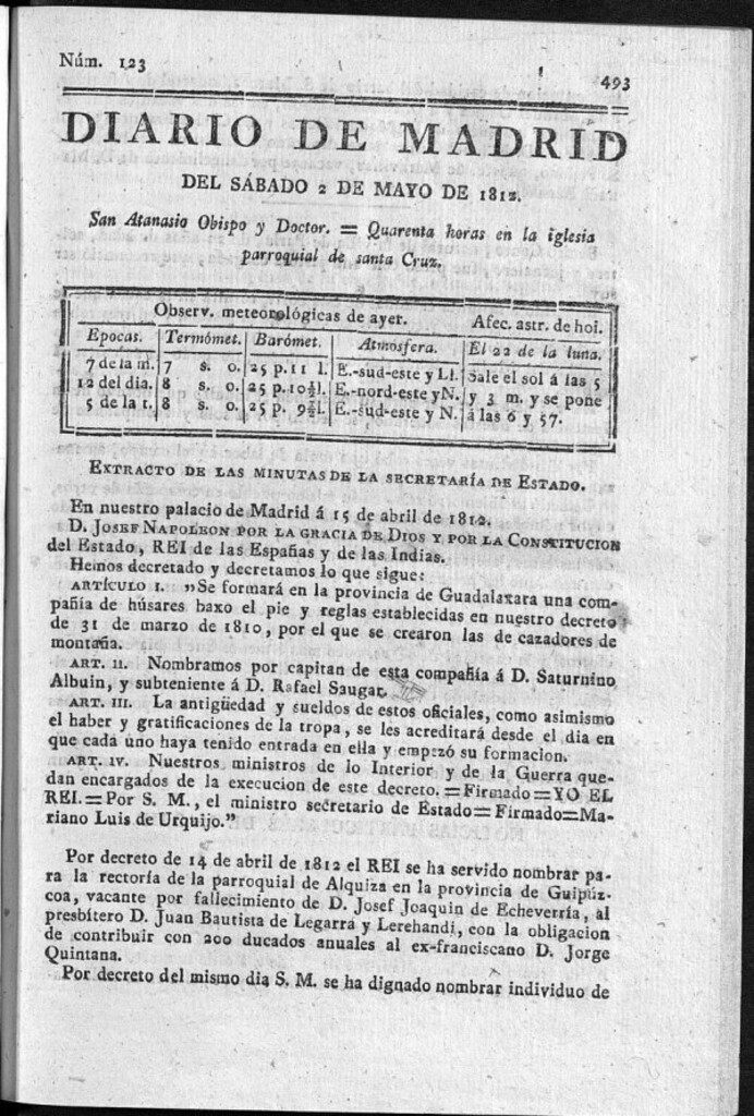 Miniatura de Diario de Madrid del sábado 2 de Mayo de 1812