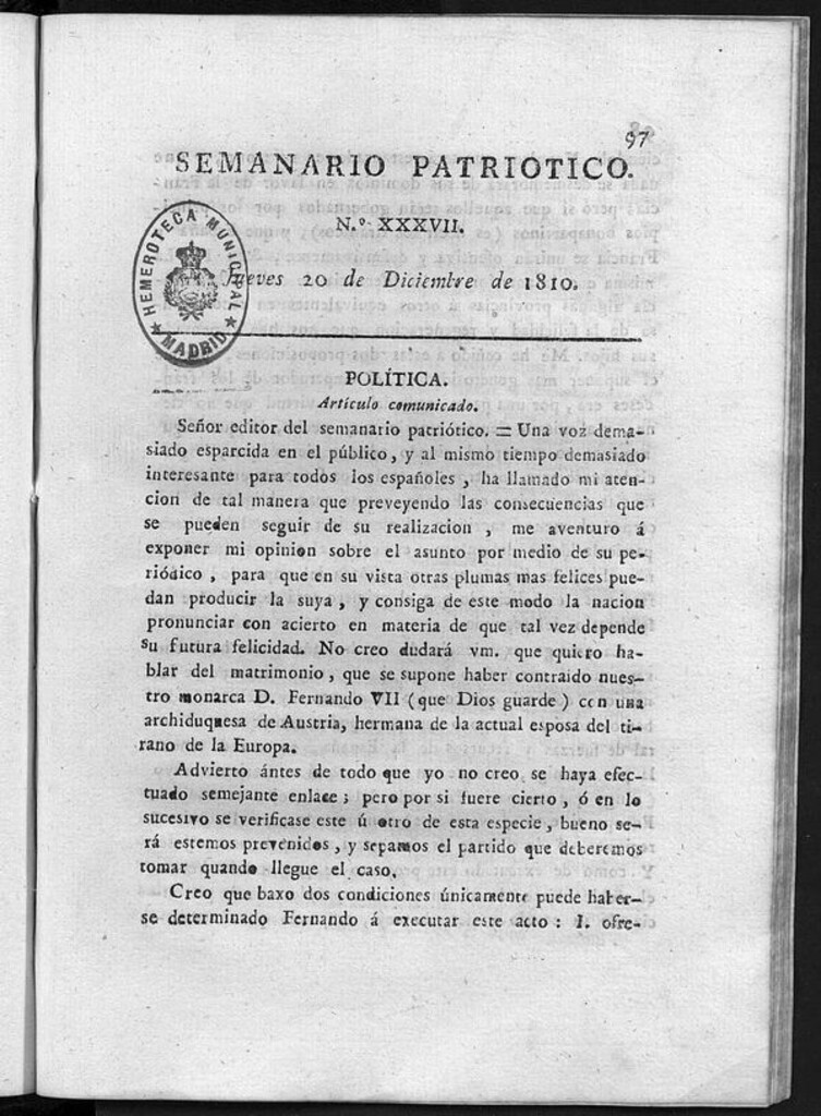 Miniatura de Semanario Patriótico. Num XXXVII. Jueves 20 de Diciembre de 1810