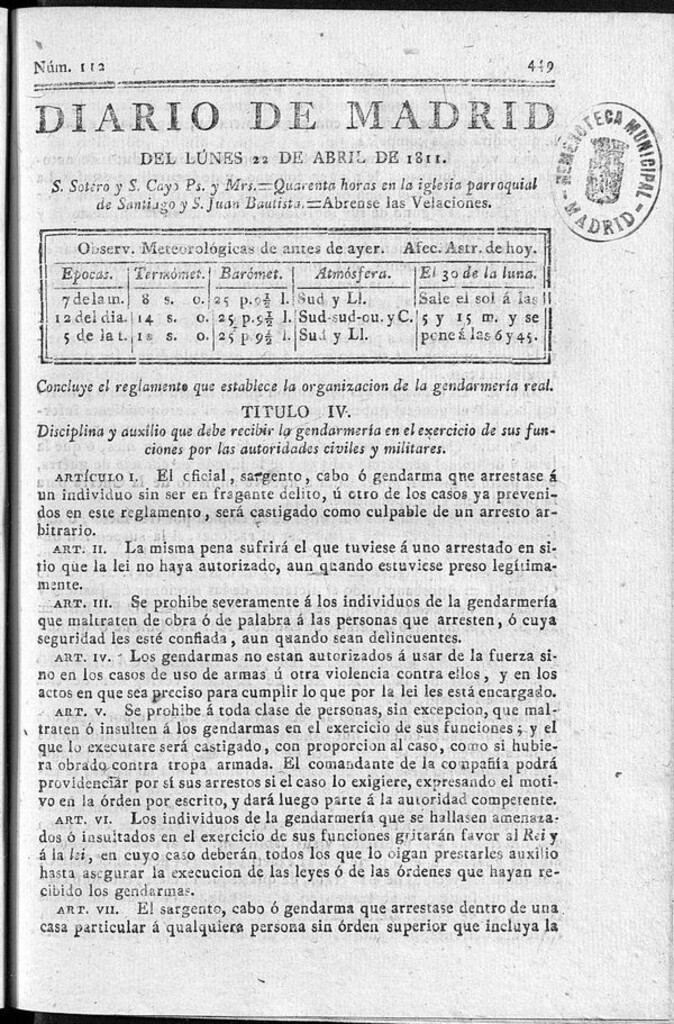 Miniatura de Diario de Madrid del lunes 22 de Abril de 1811