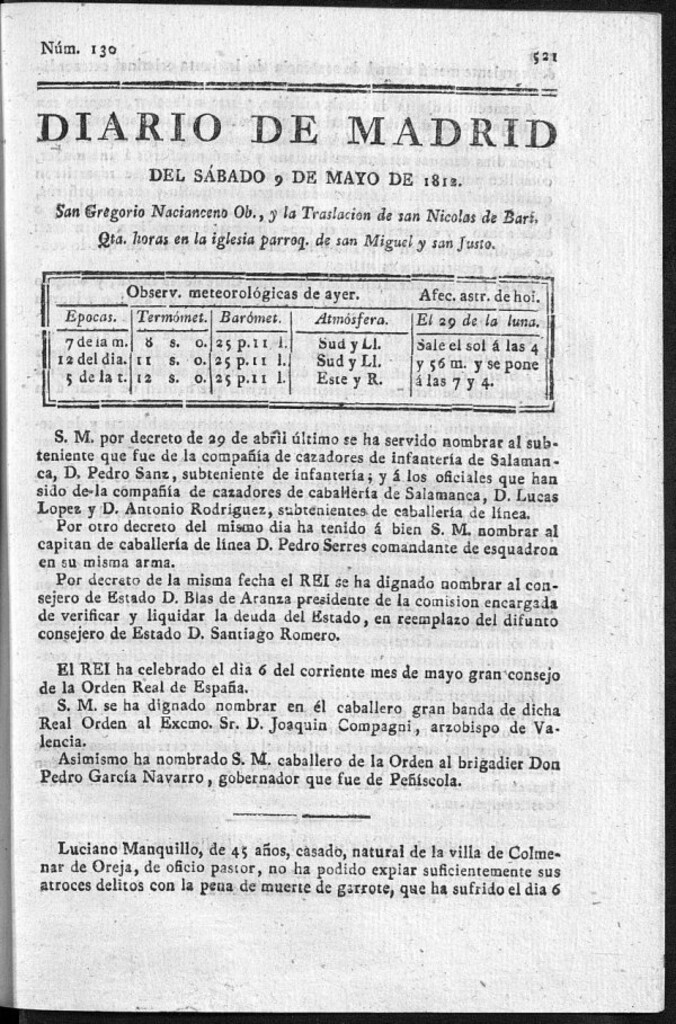 Miniatura de Diario de Madrid del sábado 9 de Mayo de 1812
