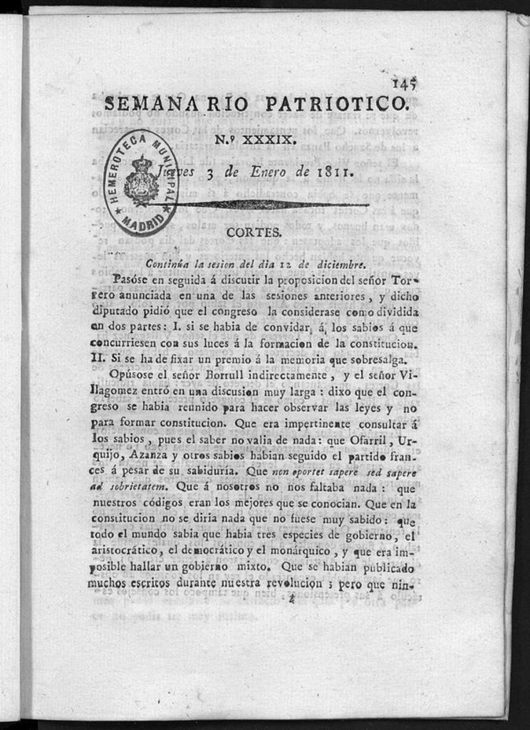 Miniatura de Semanario Patriótico. Num XXXIX. Jueves 3 de Enero de 1811