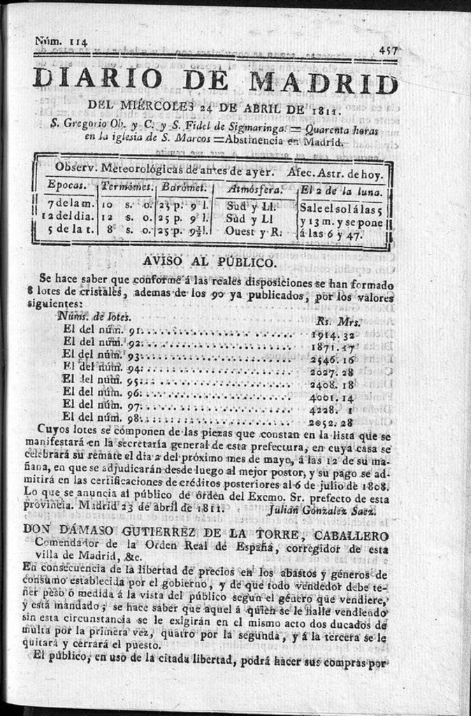 Miniatura de Diario de Madrid del miércoles 24 de Abril de 1811