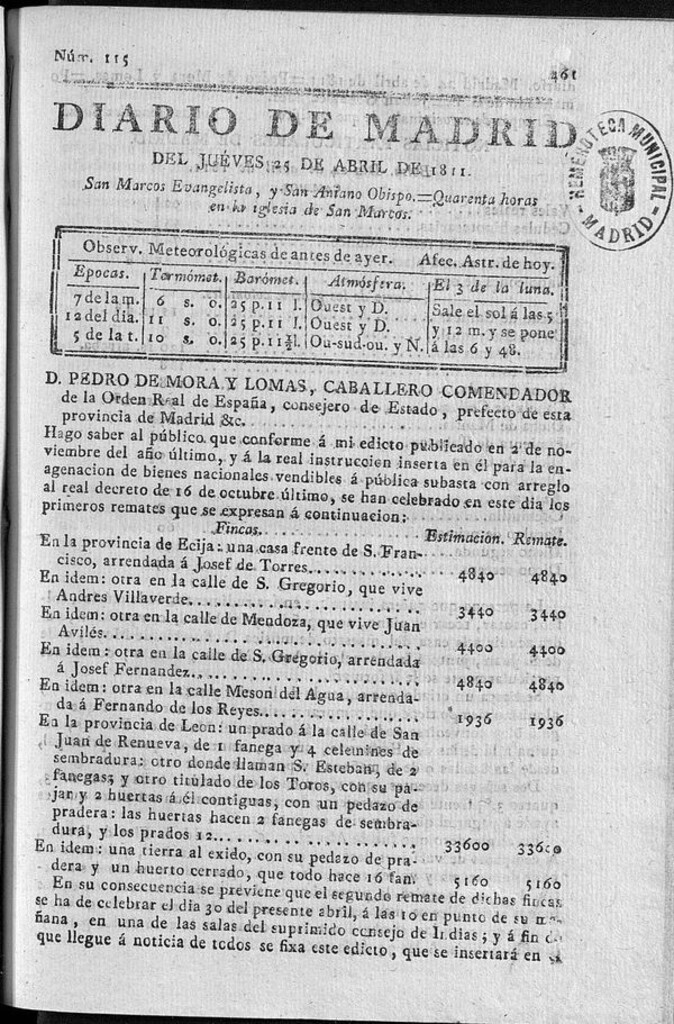Miniatura de Diario de Madrid del jueves 25 de Abril de 1811