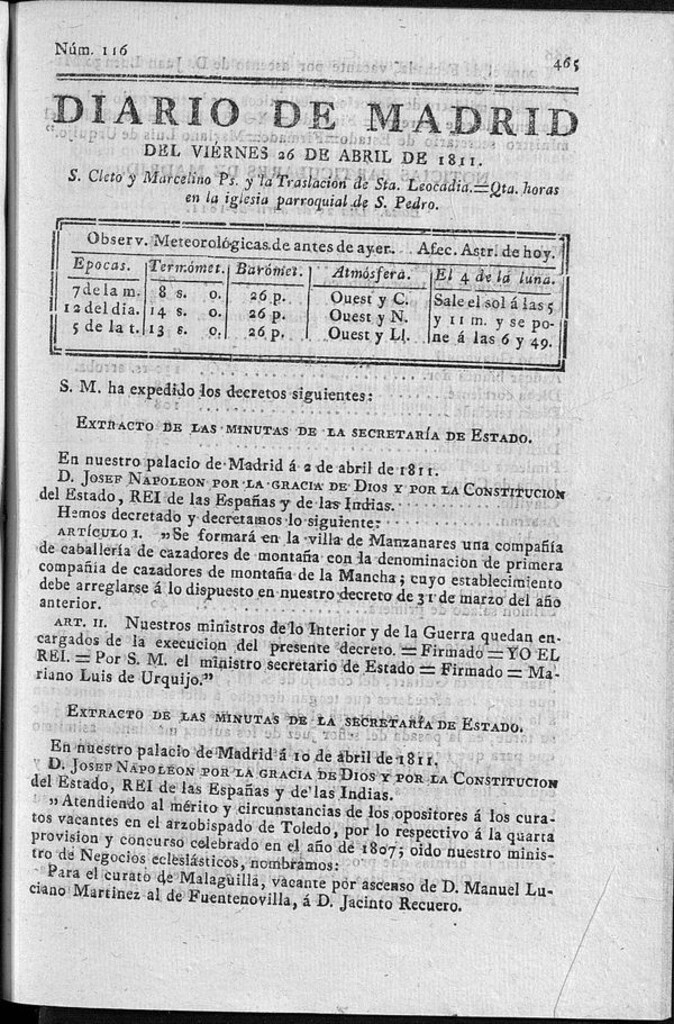 Miniatura de Diario de Madrid del viernes 26 de Abril de 1811