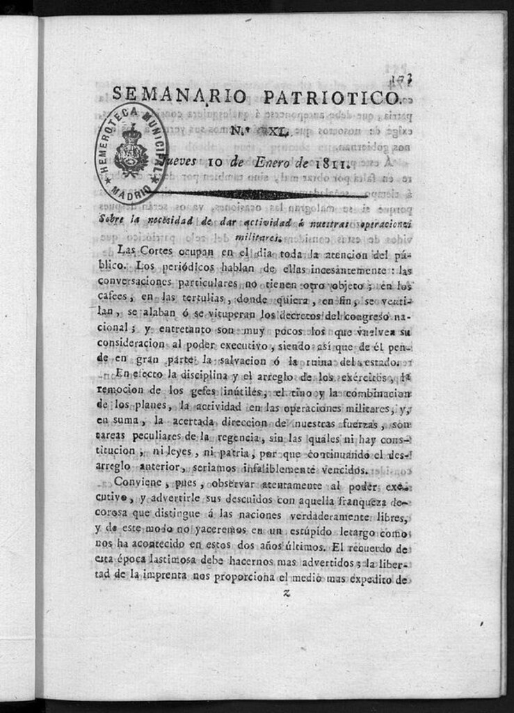 Miniatura de Semanario Patriótico. Num XL. Jueves 10 de Enero de 1811