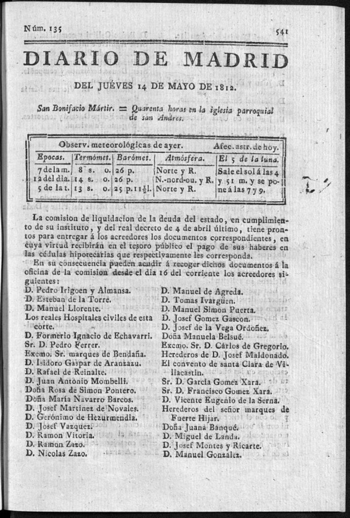 Miniatura de Diario de Madrid del jueves 14 de Mayo de 1812