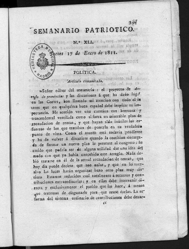 Miniatura de Semanario Patriótico. Num XLI. Jueves 17 de Enero de 1811