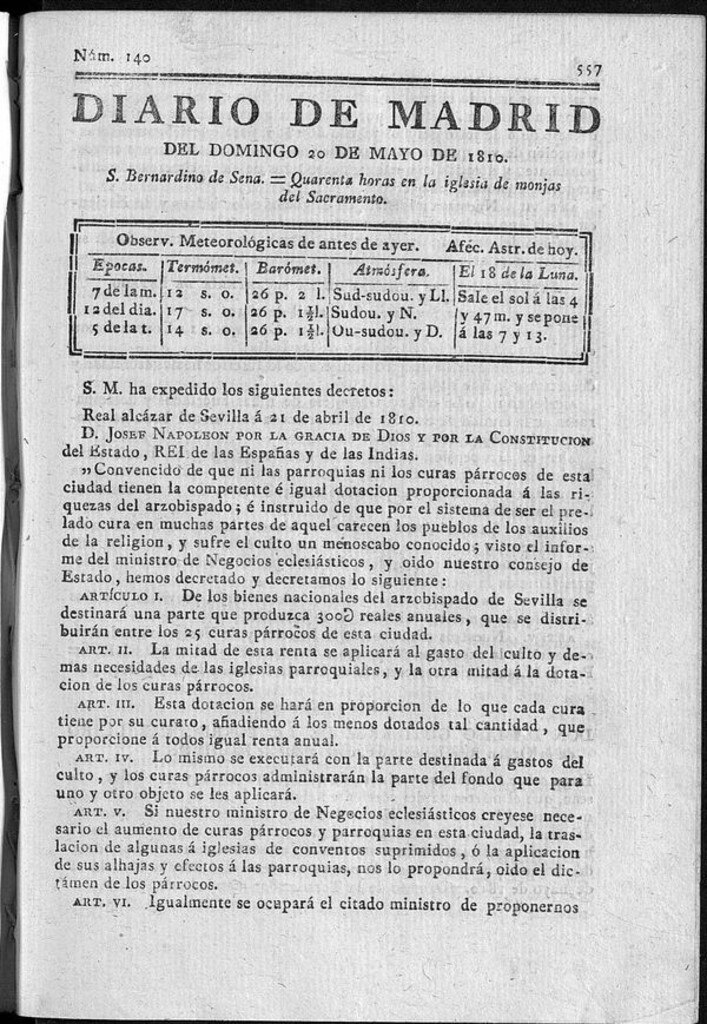 Miniatura de Diario de Madrid del domingo 20 de Mayo de 1810