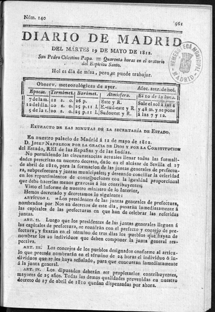 Miniatura de Diario de Madrid del martes 19 de Mayo de 1812