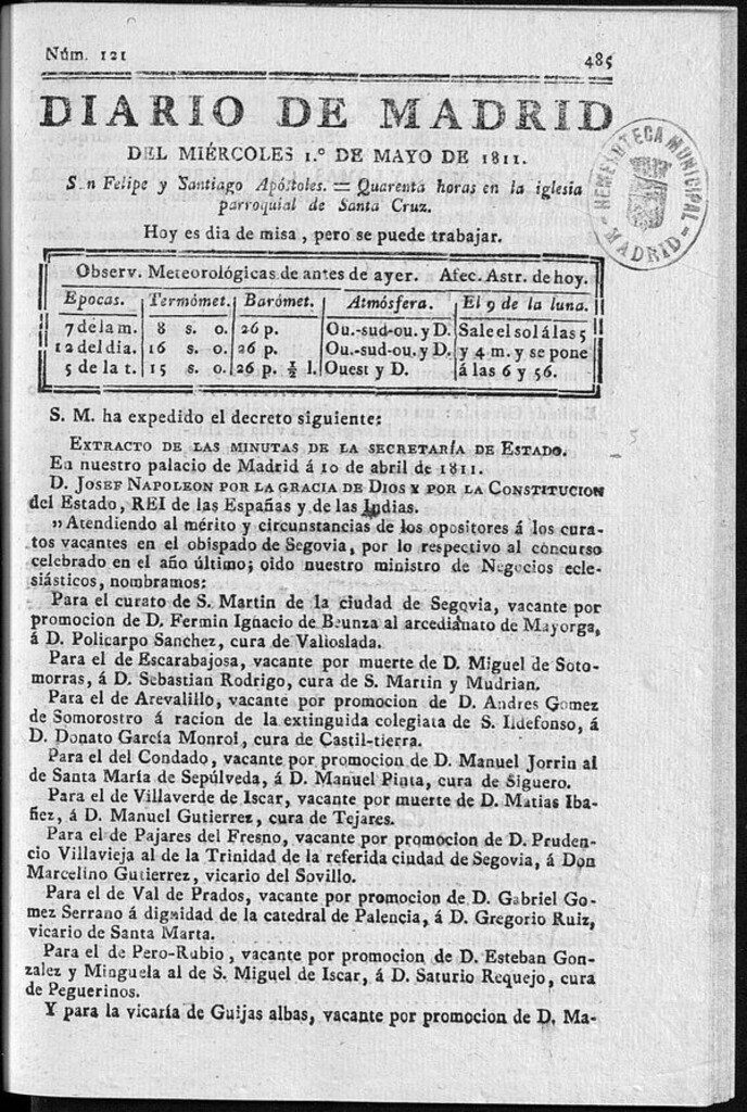 Miniatura de Diario de Madrid del miércoles 1 de Mayo de 1811