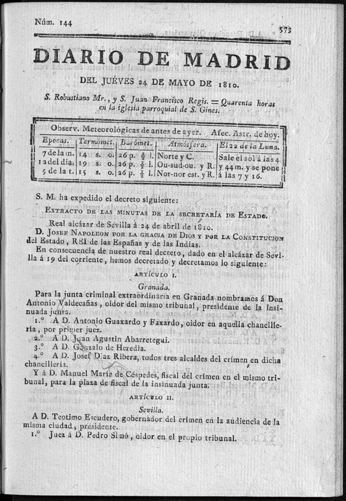 Miniatura de Diario de Madrid del jueves 24 de Mayo de 1810