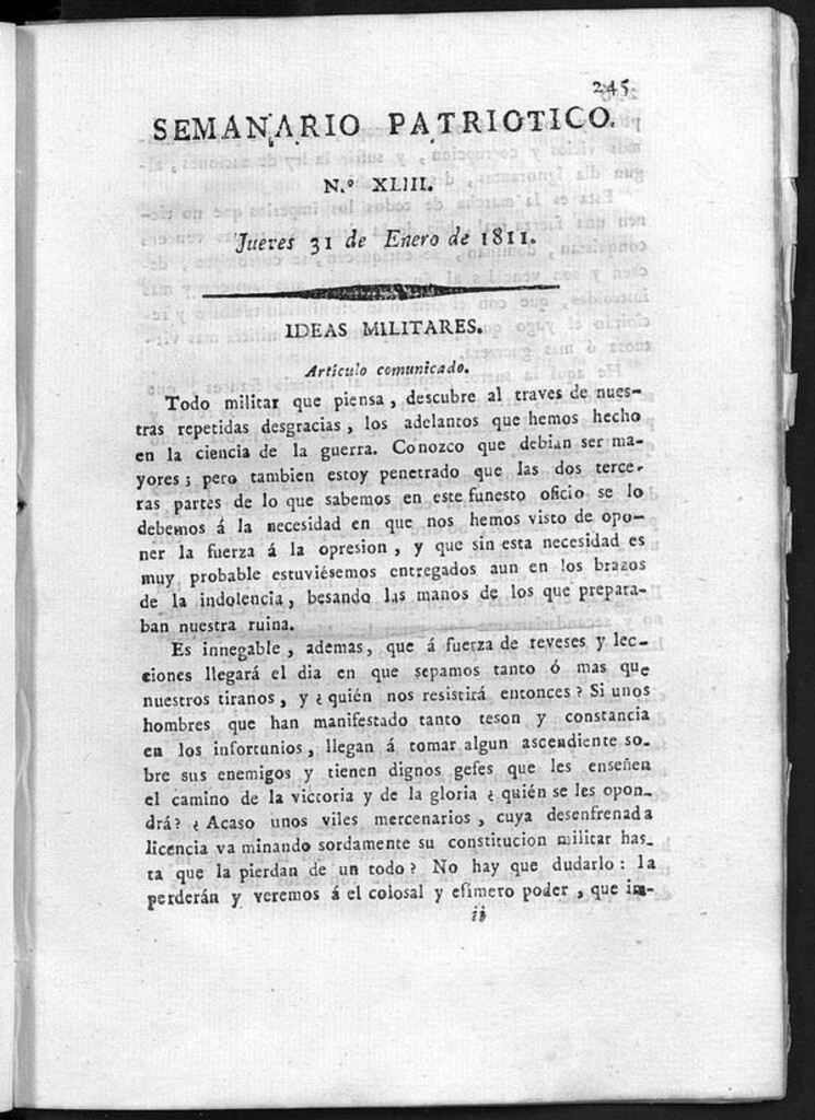 Miniatura de Semanario Patriótico. Num XLIII Jueves 31 de Enero de 1811