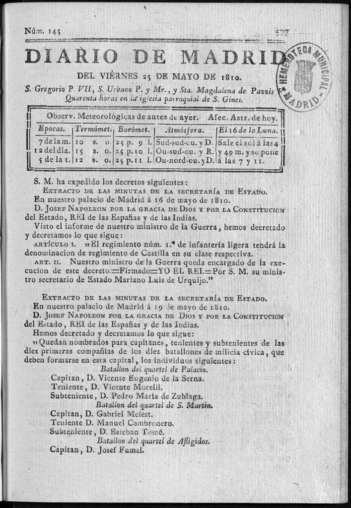 Miniatura de Diario de Madrid del viernes 25 de Mayo de 1810