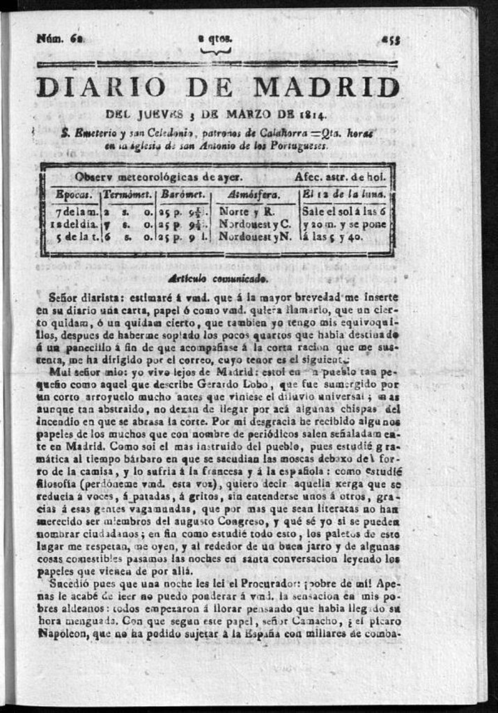 Miniatura de Diario de Madrid del jueves 03 de Marzo de 1814
