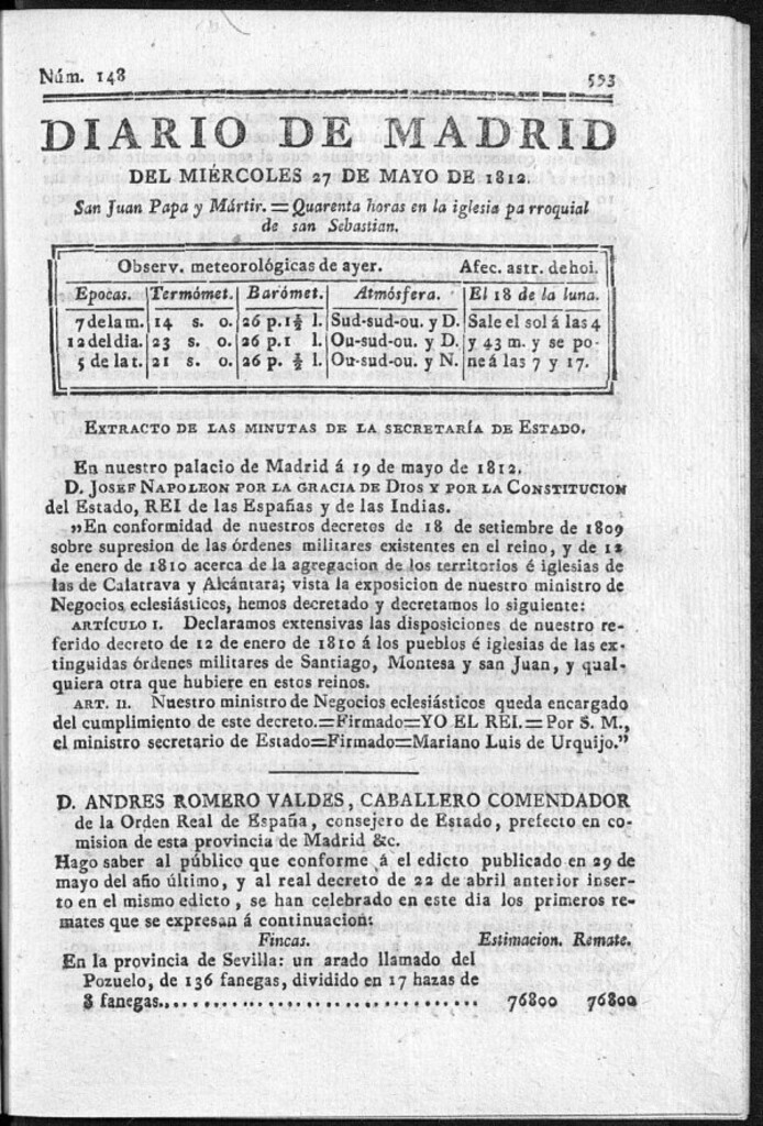 Miniatura de Diario de Madrid del miércoles 27 de Mayo de 1812
