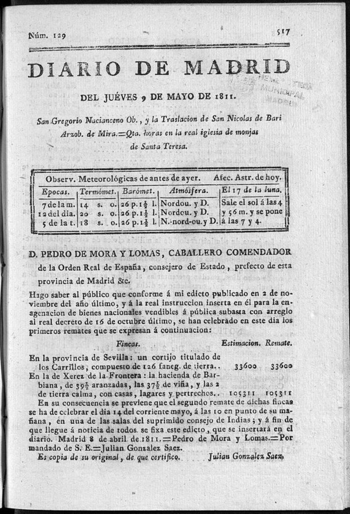 Miniatura de Diario de Madrid del jueves 9 de Mayo de 1811