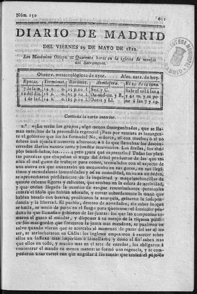 Miniatura de Diario de Madrid del viernes 29 de Mayo de 1812