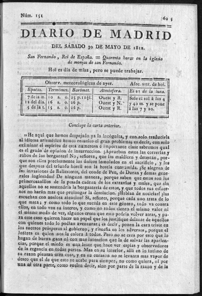 Miniatura de Diario de Madrid del sábado 30 de Mayo de 1812