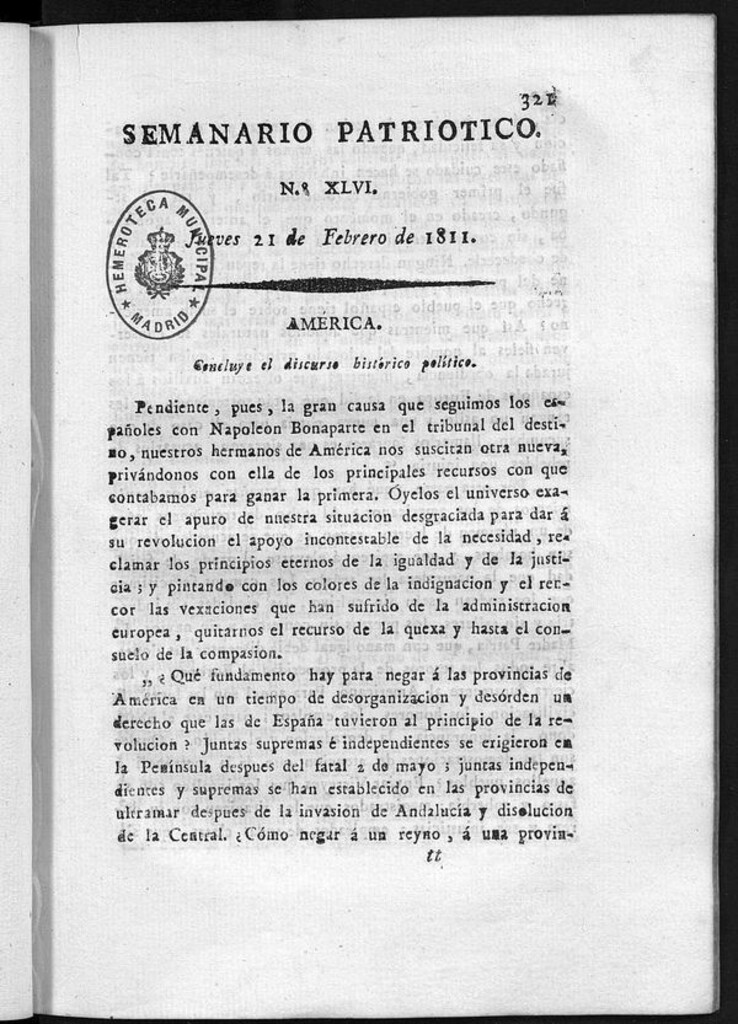 Miniatura de Semanario Patriótico. Num XLVI Jueves 21 de Febrero de 1811