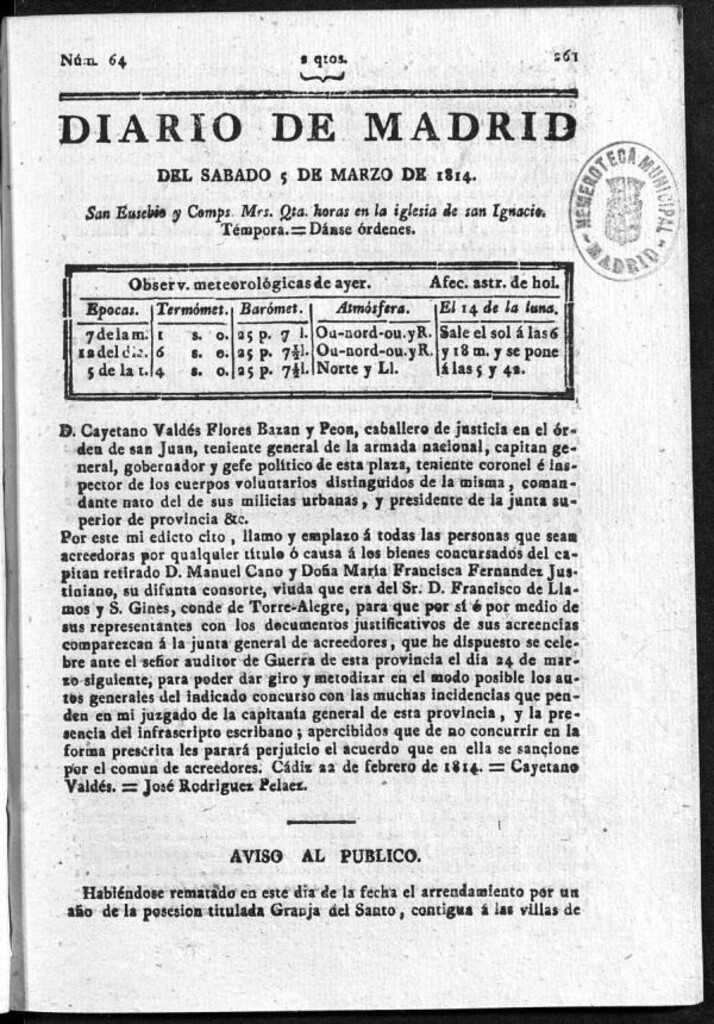 Miniatura de Diario de Madrid del sábado 05 de Marzo de 1814
