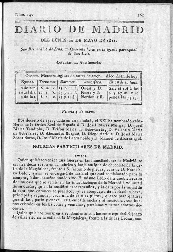 Miniatura de Diario de Madrid del lunes 20 de Mayo de 1811