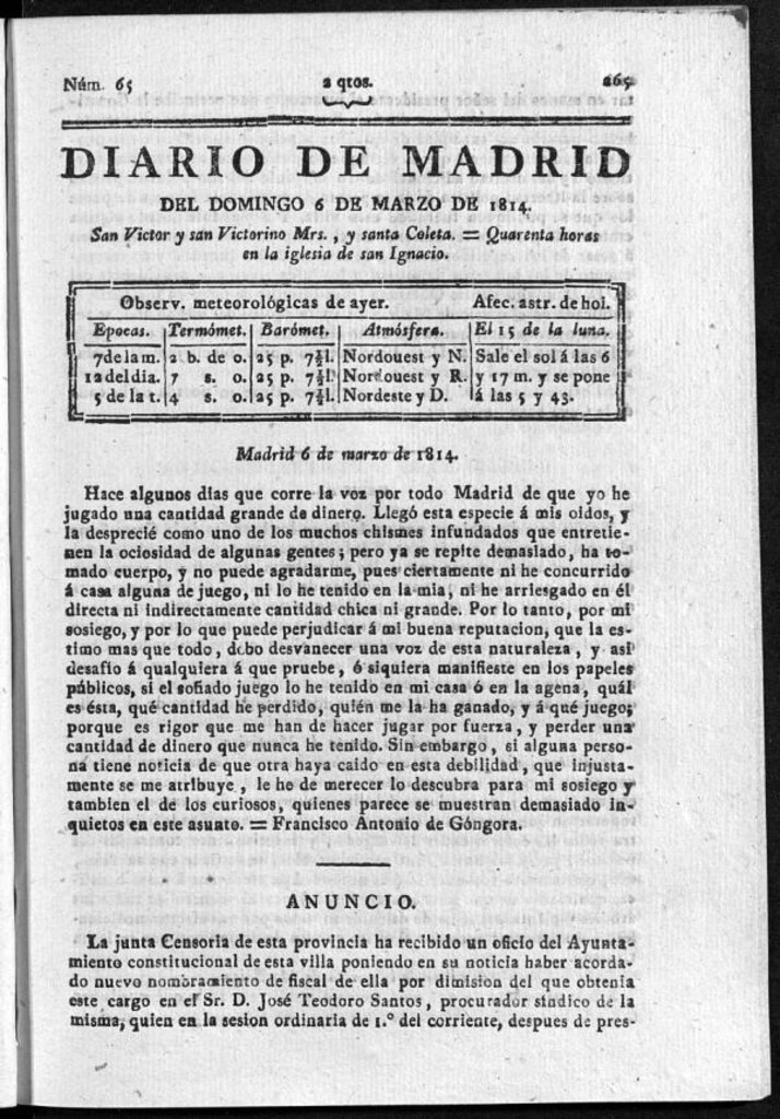 Miniatura de Diario de Madrid del domingo 06 de Marzo de 1814