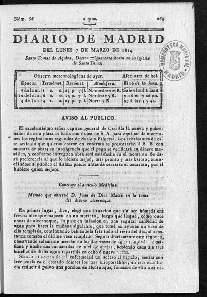 Miniatura de Diario de Madrid del lunes 07 de Marzo de 1814