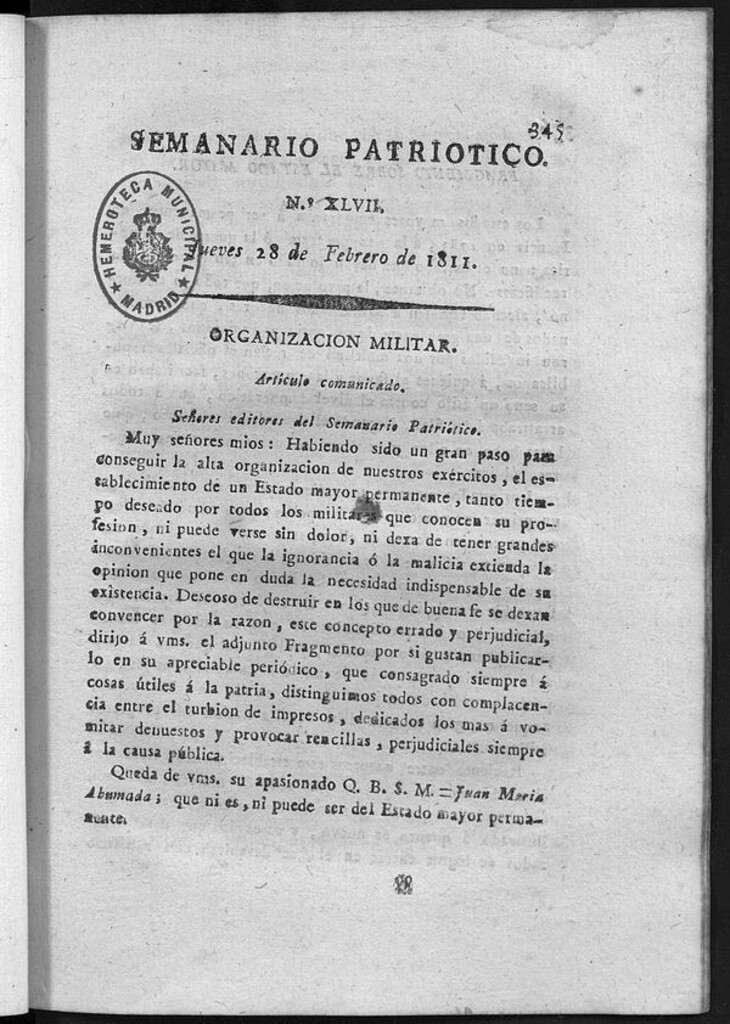 Miniatura de Semanario Patriótico. Num XLVII Jueves 28 de Febrero de 1811