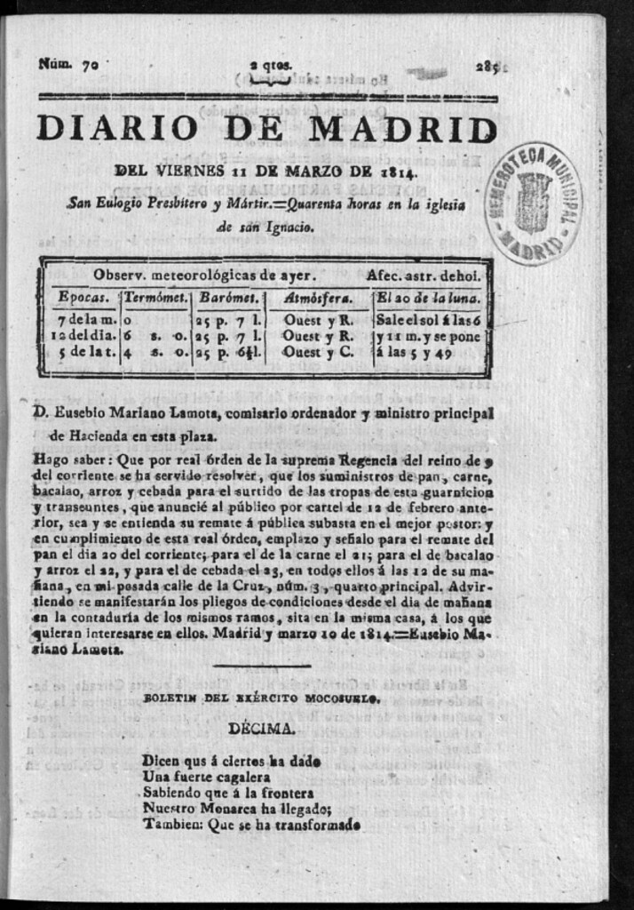 Miniatura de Diario de Madrid del viernes 11 de Marzo de 1814