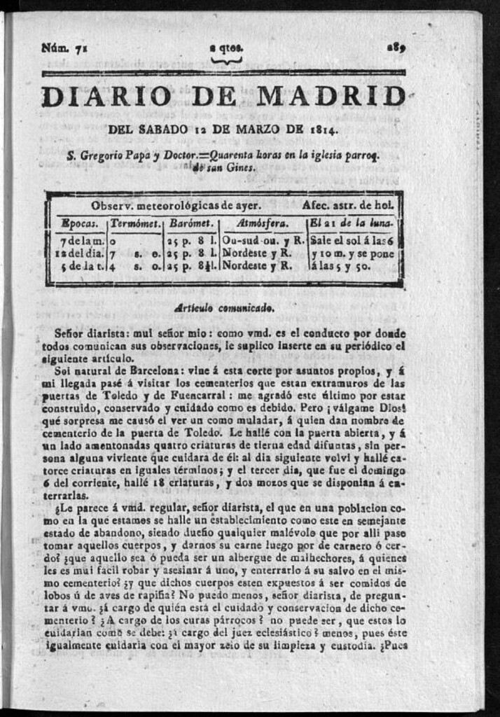 Miniatura de Diario de Madrid del sábado 12 de Marzo de 1814