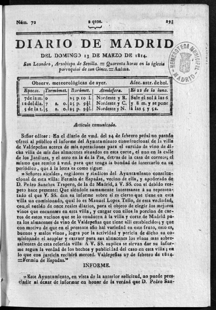 Miniatura de Diario de Madrid del domingo 13 de Marzo de 1814