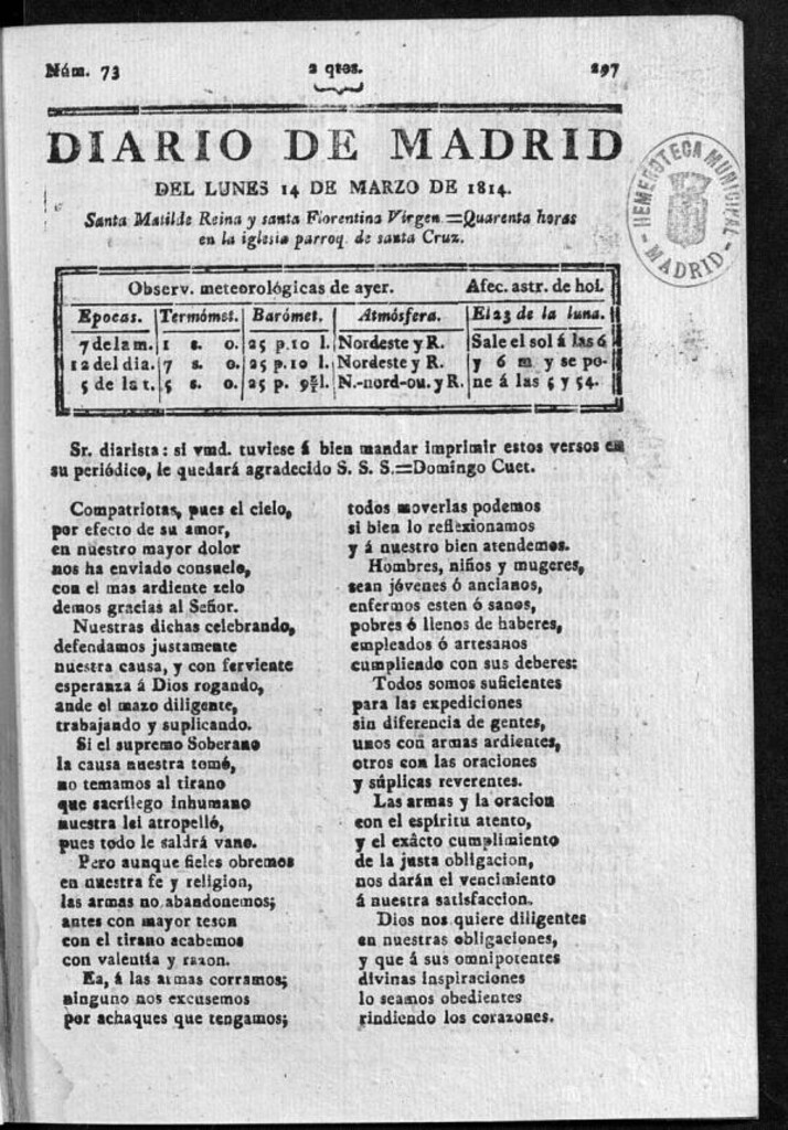 Miniatura de Diario de Madrid del lunes 14 de Marzo de 1814