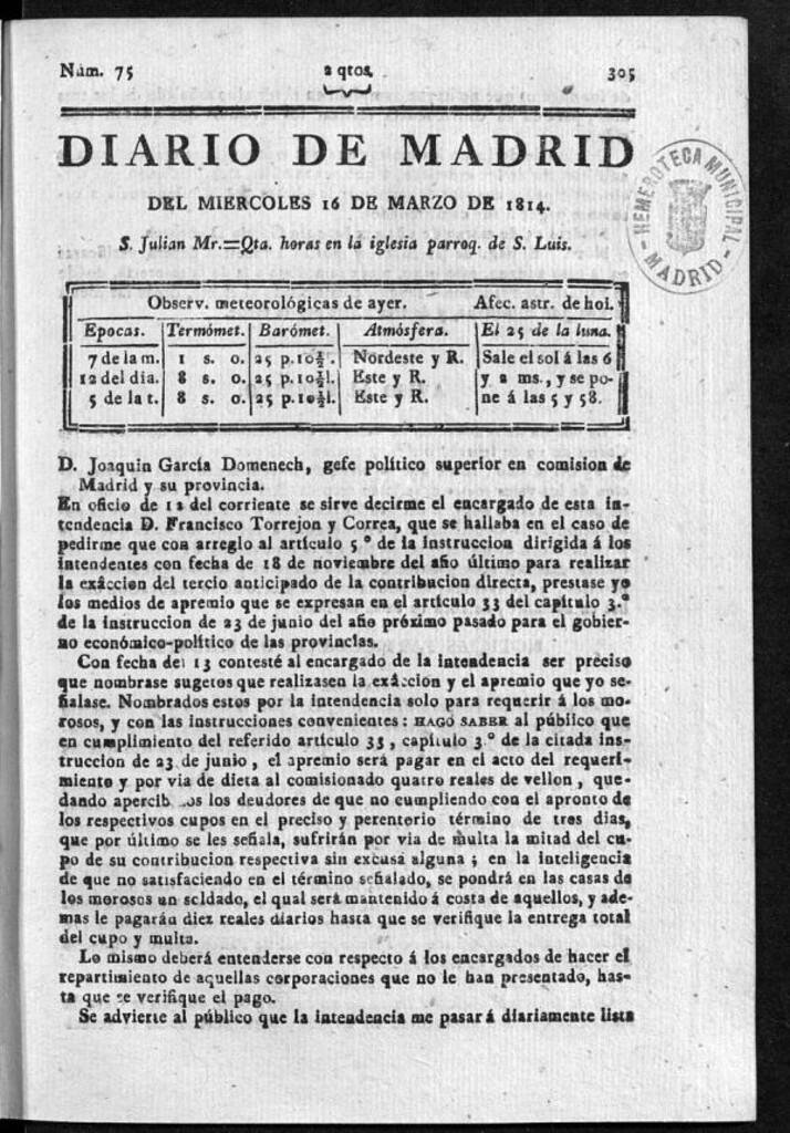 Miniatura de Diario de Madrid del miércoles 16 de Marzo de 1814