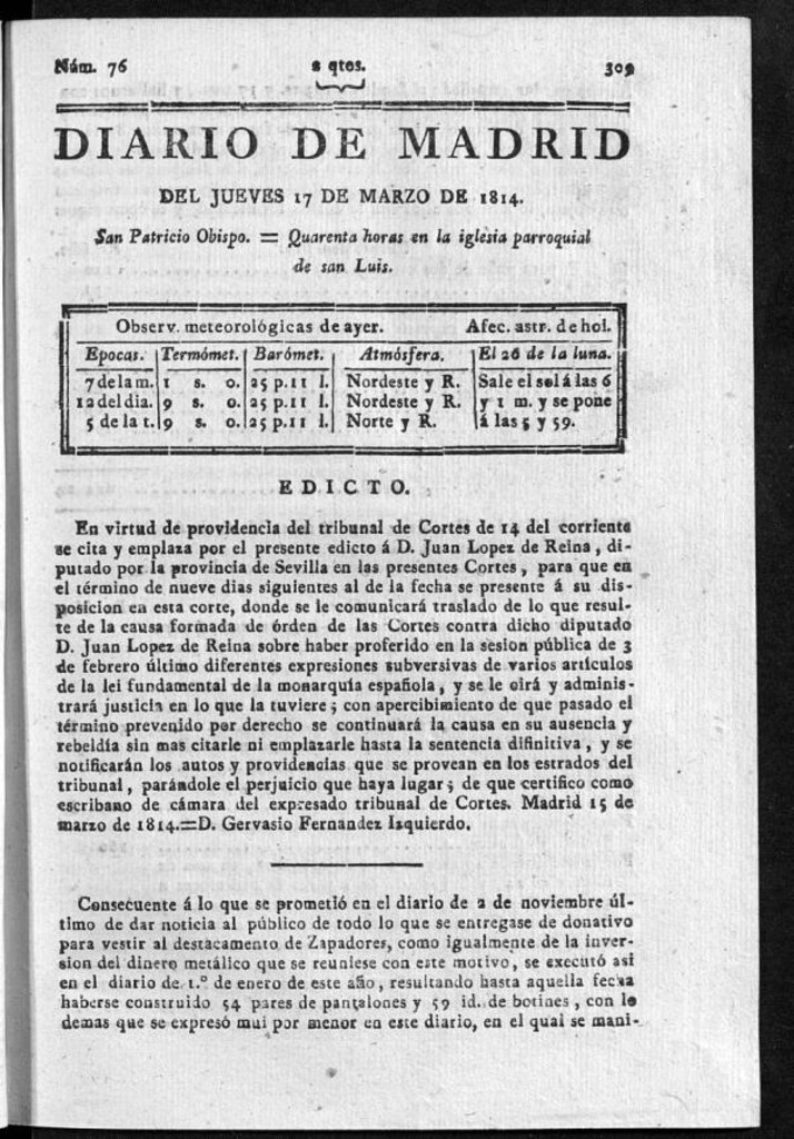 Miniatura de Diario de Madrid del jueves 17 de Marzo de 1814