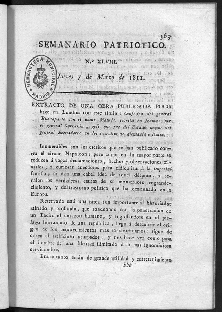 Miniatura de Semanario Patriótico. Num XLVIII Jueves 7 de Marzo de 1811
