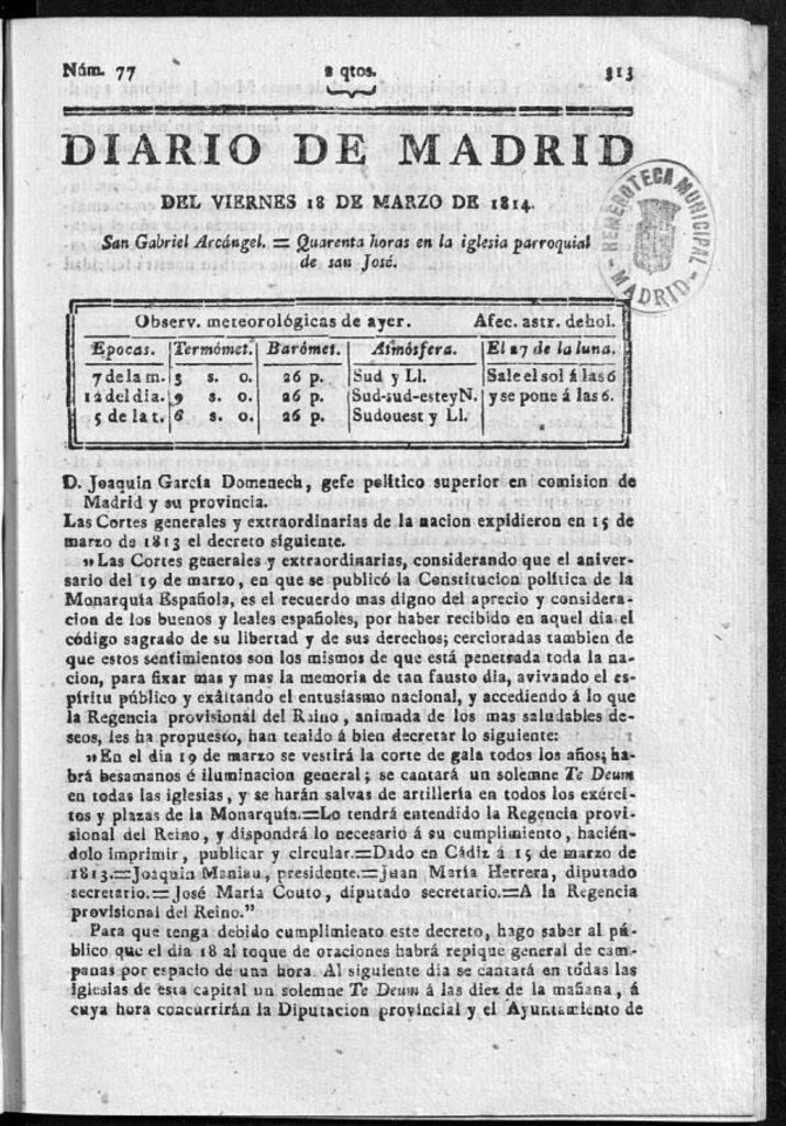 Miniatura de Diario de Madrid del viernes 18 de Marzo de 1814