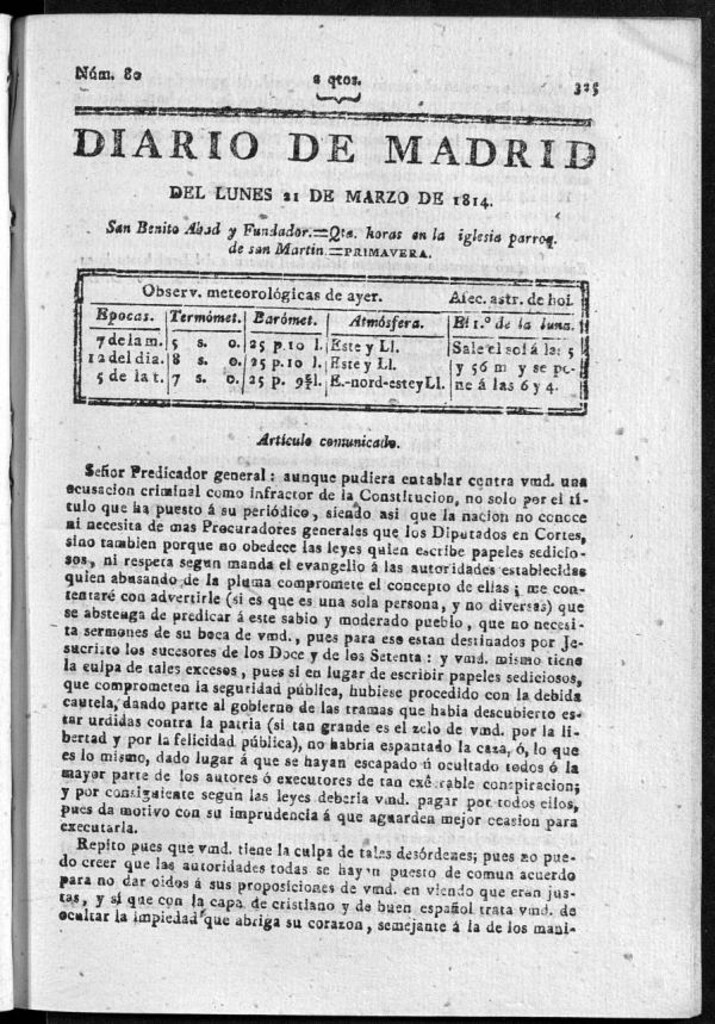 Miniatura de Diario de Madrid del lunes 21 de Marzo de 1814