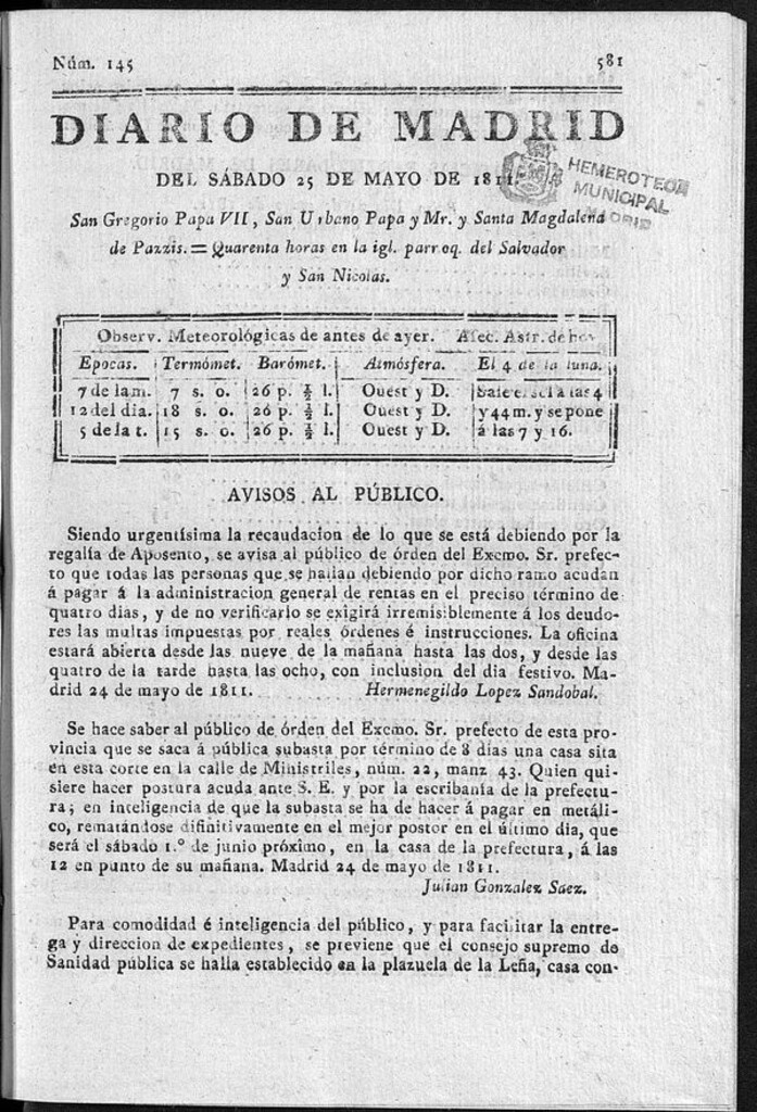 Miniatura de Diario de Madrid del sábado 25 de Mayo de 1811