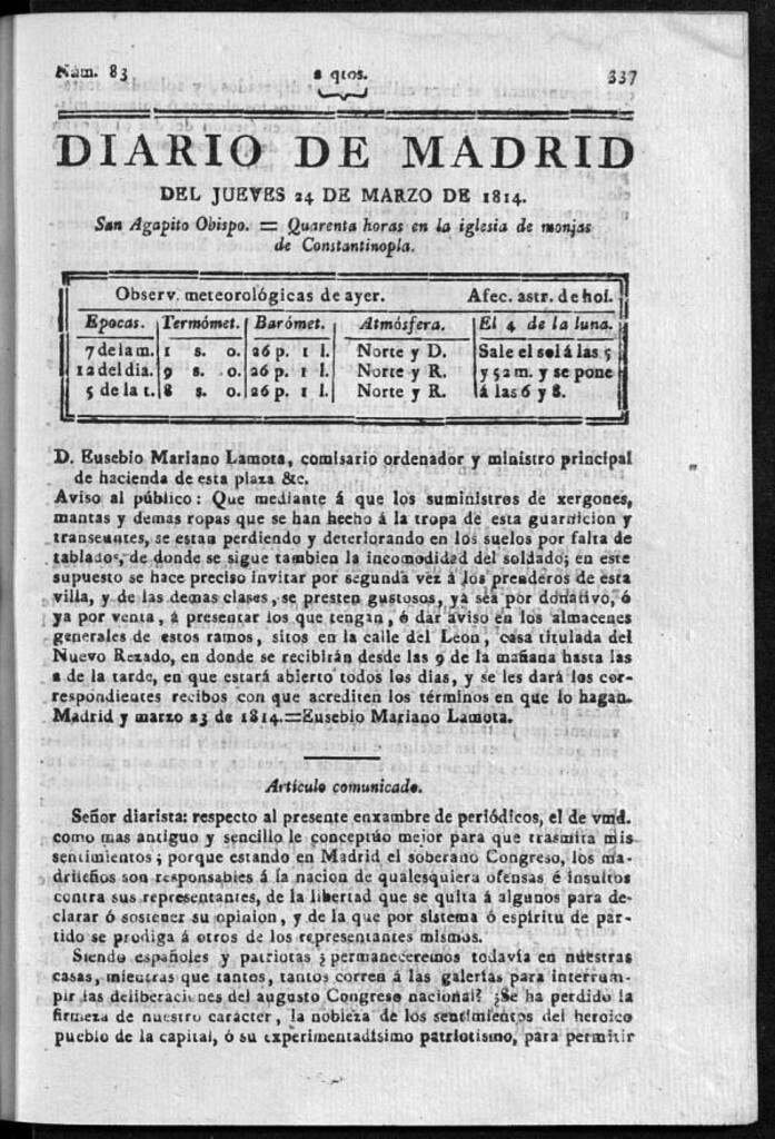 Miniatura de Diario de Madrid del jueves 24 de Marzo de 1814