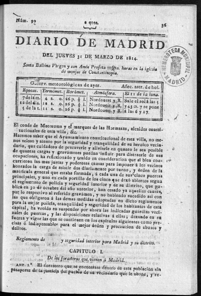Miniatura de Diario de Madrid del jueves 31 de Marzo de 1814