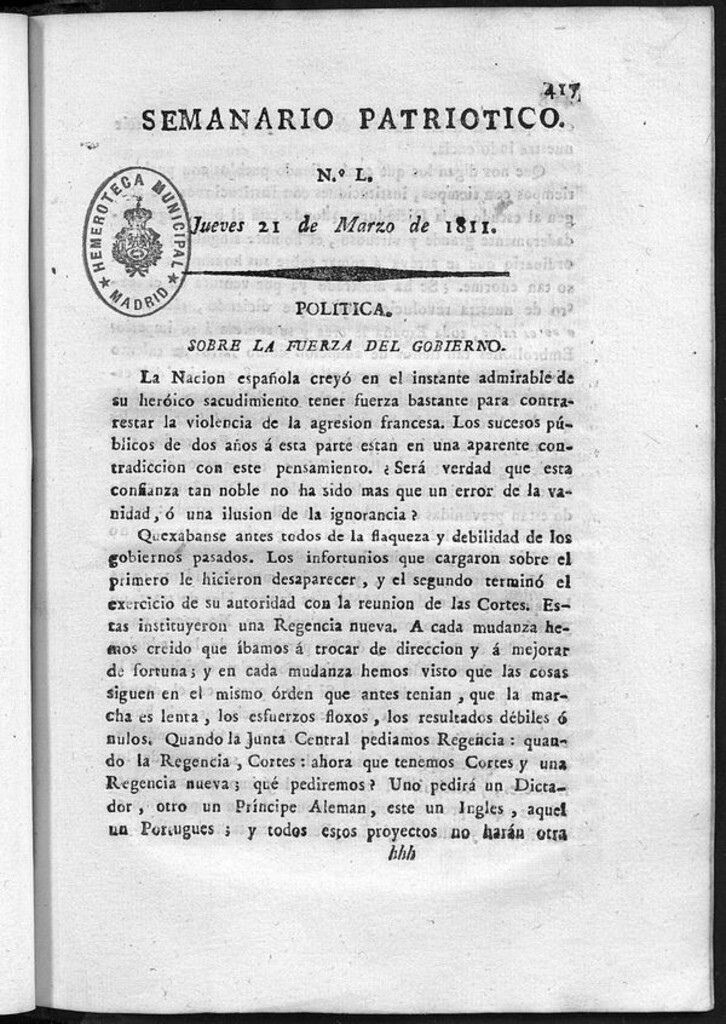 Miniatura de Semanario Patriótico. Num L Jueves 21 de Marzo de 1811