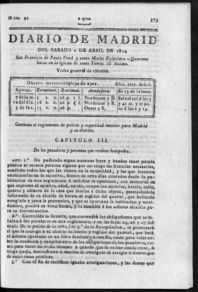 Miniatura de Diario de Madrid del sábado 2 de Abril de 1814