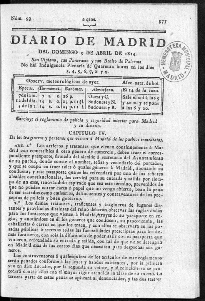 Miniatura de Diario de Madrid del domingo 3 de Abril de 1814