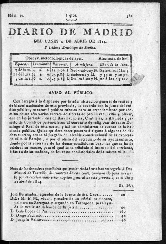 Miniatura de Diario de Madrid del lunes 4 de Abril de 1814