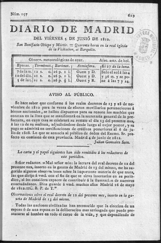 Miniatura de Diario de Madrid del viernes 5 de Junio de 1812