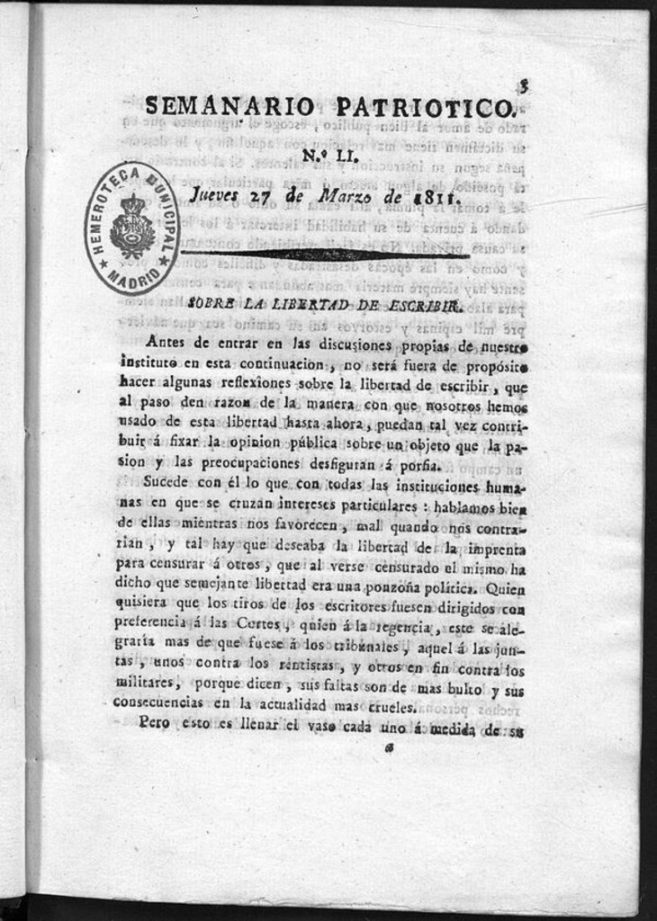 Miniatura de Semanario Patriótico. Num LI Jueves 28 de Marzo de 1811