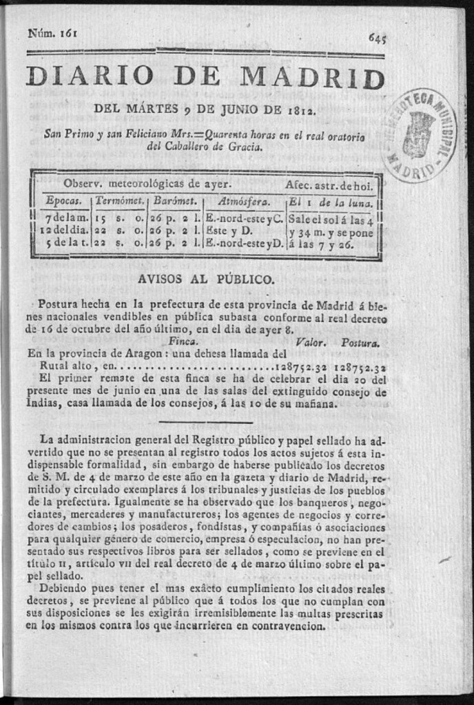 Miniatura de Diario de Madrid del martes 9 de Junio de 1812