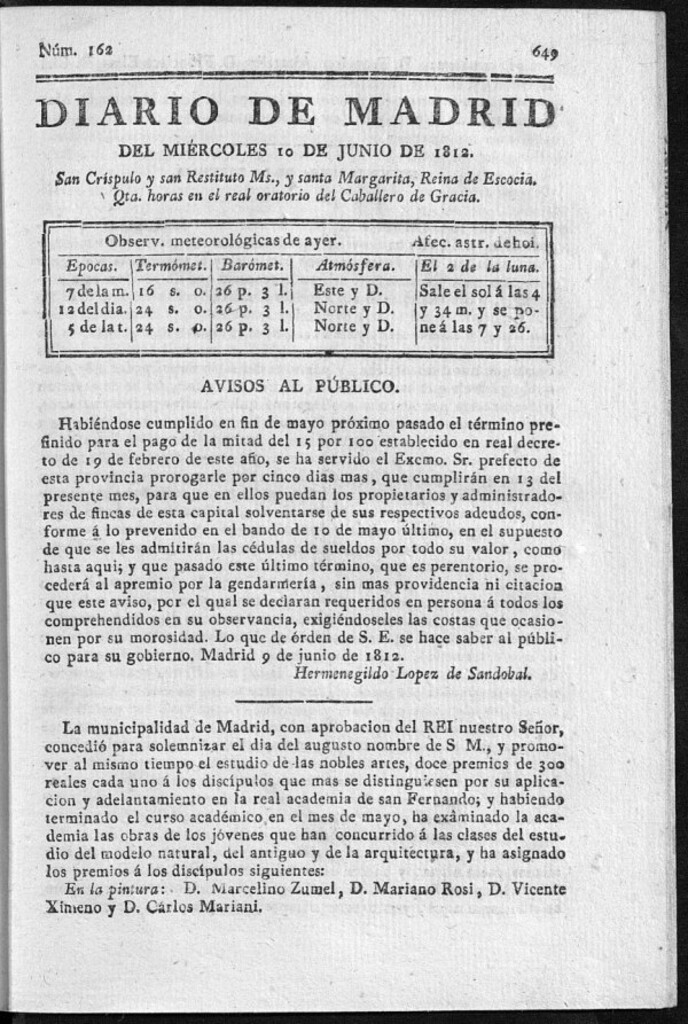 Miniatura de Diario de Madrid del miércoles 10 de Junio de 1812