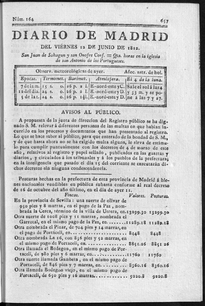 Miniatura de Diario de Madrid del viernes 12 de Junio de 1812